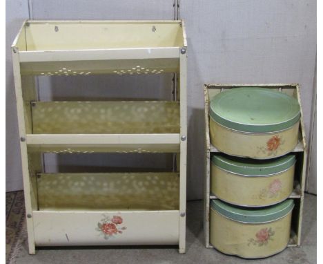 A vintage Worcester ware cream painted enamel wall mounted kitchen  veg rack together with one other housing three graduated 