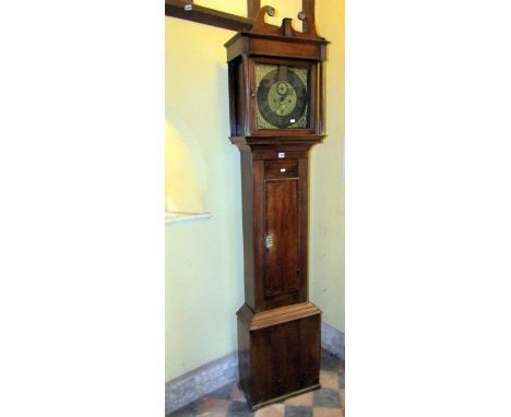 Georgian oak longcase clock, the hood with reeded column supports enclosing an 8 day movement and square brass dial with subs