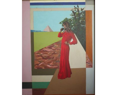 J W Anderson (20th century school) - Study in the manner of David Hockney of a woman in a red dress standing full length in a