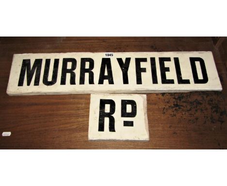 A vintage white glazed ceramic two piece tile sign with black lettering advertising Murray Field Road, 68 cm x 15 cm, road 17