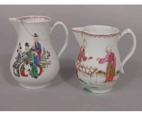 Two 18th century jugs, possibly Worcester or Lowestoft, both of sparrow-beak form and both with poly-chrome painted decoratio