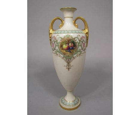 An ivory ground Royal Worcester two handled vase of urn shaped form with painted panel of fruit by Horace Price, signed with 