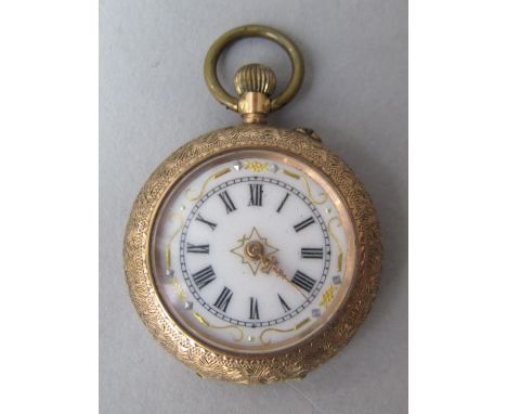 9k Swiss fob watch, enamel dial with roman numerals and gilt decoration, 35mm diameter (not currently running) 21.9g 