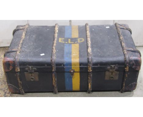 A vintage timber lathe and leather reinforced cabin trunk, with brass fittings and later painted finish, together with a japa