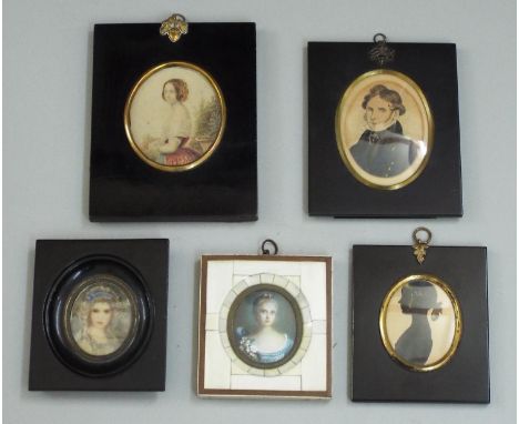 A collection of five miniature portraits including an oval example of a woman in 18th century style costume and blue dress, 6
