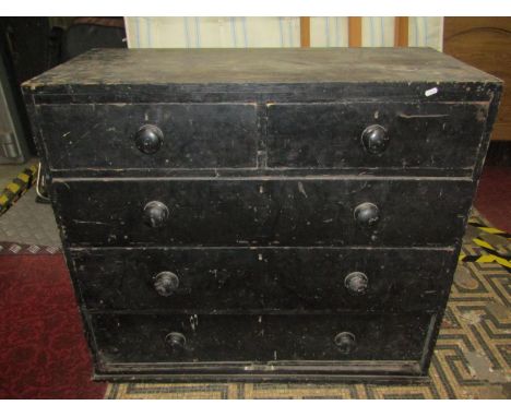 A 19th century stained pine caddy top bedroom chest of two short over three long drawers, 106 cm wide 