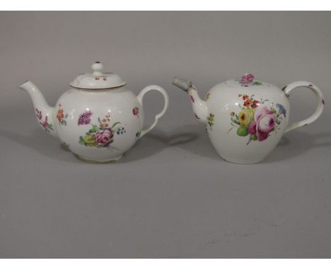 An 18th century teapot of globular form with polychrome painted floral sprigs and sprays and with floral knop, painted blue s