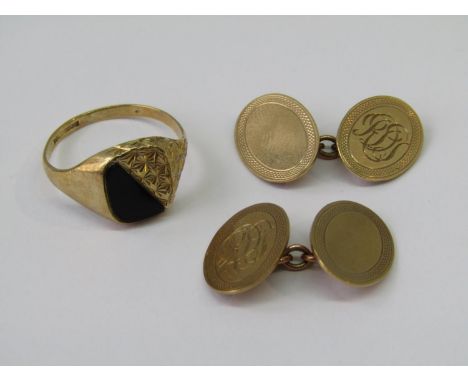 Pair of 9ct engine turned cufflinks with engraved monogram, together with a 9ct onyx signet ring with bright cut decoration, 
