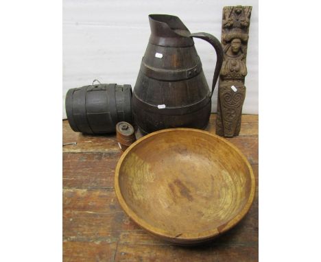 An antique coopered oak and steel banded jug/pitcher with pronounced lip, 46 cm high together with a further steel banded cos