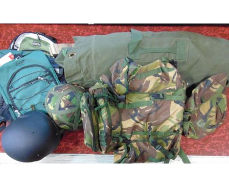 Large collection of military / army clothing including a 30L patrol rucksack, camouflage helmet size Large and black helmet s