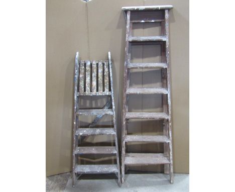 Six vintage wooden folding step ladders of varying size and design, including a Slingsby example 
