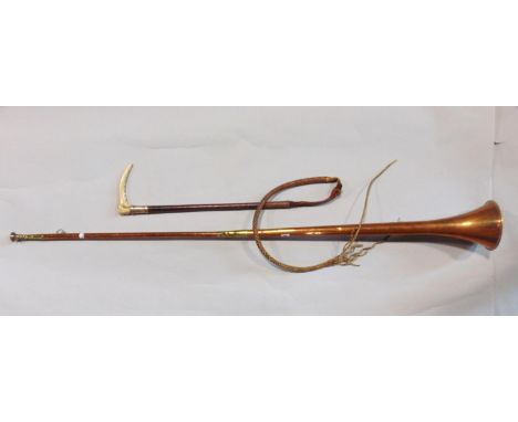 Silver collared horn handled plaited leather riding crop, with silver button inscribed Swaine &amp; Adeney Ltd, London; toget