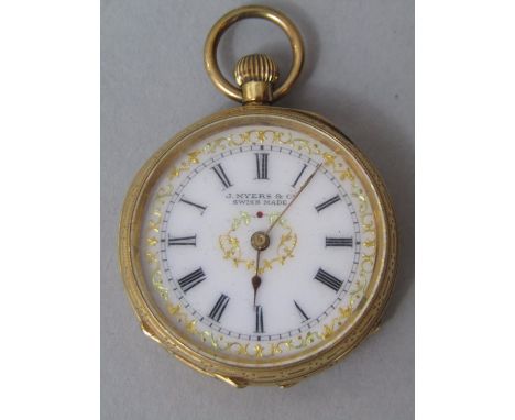 J. Myers &amp; co 18k Swiss fob watch, enamel dial with roman numerals and gilt decoration,  35mm diameter (currently running
