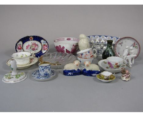 19th century bowl of fluted form with puce printed stylised floral and fruit decoration, 17cm diameter, together with a blue 