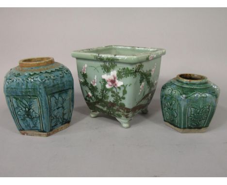 An oriental four sided planter with celadon type glaze and painted floral detail, 18 cm square together with two oriental tur
