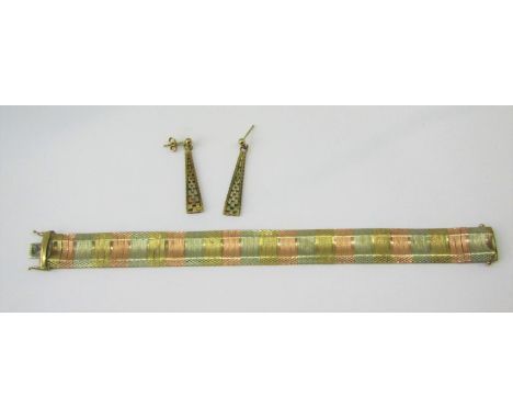 9ct tri-colour bracelet with engine turned decoration and a similar pair of tapered drop earrings, 22.2g total (3) 