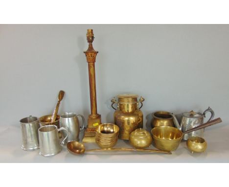 A good collection of metal ware comprising a Corinthian column table lamp, antique brass milk churn type vessel and others 