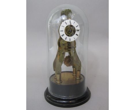 A good quality gilt brass skeleton clock with enamel chapter ring and open workings, upon a plinth base with dome, 27 cm high