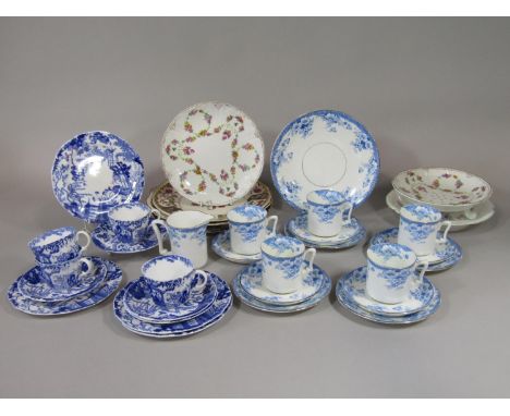 A collection of Sutherland China blue printed tea wares comprising milk jug, cake plate, five cups, five saucers and five tea