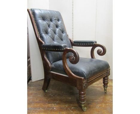 A Regency mahogany reclining library chair with extending foot rest, recent leather upholstered seat and swept button back, o