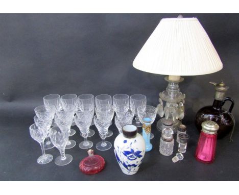 Mixed collection of glass to include and lustre lamp base, moon flask, silver topped scent bottles and others (a collection) 