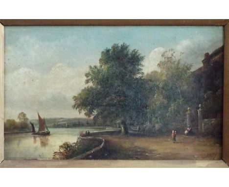 Henry Harris (British 1852-1926) - River scene with figures at the gate of a large house, oil on canvas, signed, 19 x 32cm in