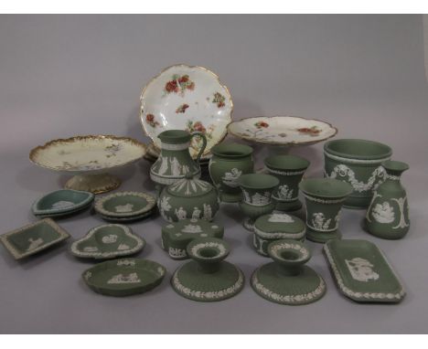 A quantity of Wedgwood green ground jasper wares comprising a pair of low candlesticks, bowl and cover, various ashtrays of p