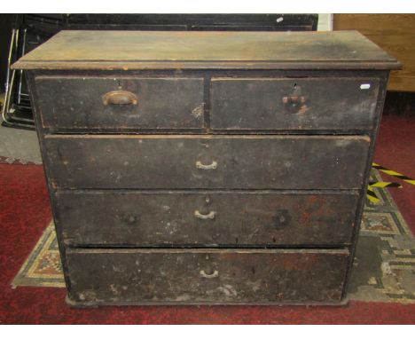 A vintage painted pine low pedestal chest of three long graduated drawers raised on a fixed plinth, 62 cm high x 41 cm wide x