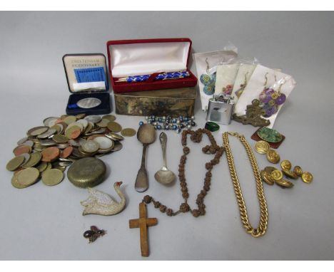 Miscellaneous lot including two silver spoons, naval button, rosary, miscellaneous coinage, etc 
