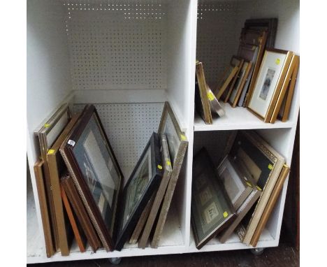 A quantity of late 19th century and later pictures and prints, including a pair of 19th century watercolours of cottage exter