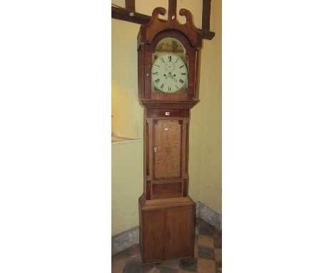 Georgian oak longcase clock, the hood with swan neck pediment, enclosing a broken arch painted dial with eight day striking m