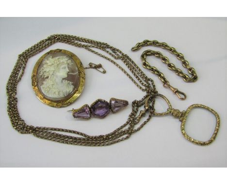 Group of antique jewellery comprising a finely carved cameo brooch depicting a classical maiden with fruiting vines in her ha