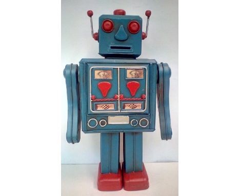 Tin plate money box in the form of a robot, height 36cm 