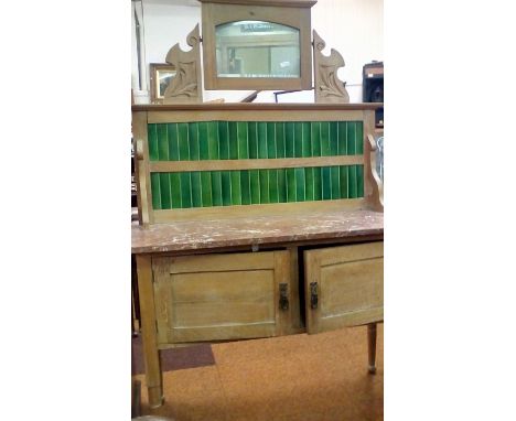 Late Victorian stripped washstand with tile and mirrored back and marble top