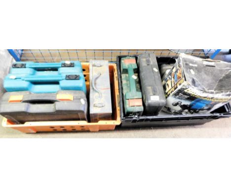 A B&amp;Q router, Makita drill, and a quantity of toolboxes and tools.