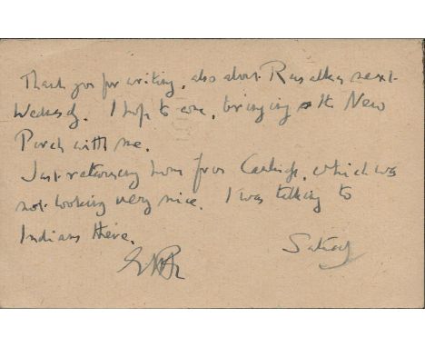 E M Forster handwritten note. Written during WW2 bombing in 1945. Content reads "Just returning home from Cambridge which was