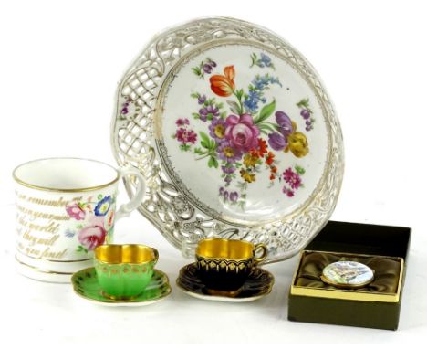 A collection of ceramics, etc., to include a Dresden porcelain bowl with pierced border, printed with flowers, a pair of Coal