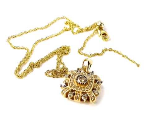A diamond cluster necklace, set with central diamond approx 4.2mm diameter, with inner surround of twenty diamonds each appro