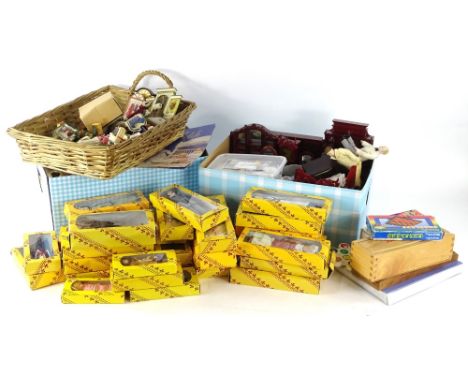 A large quantity of dolls house furniture, costume dolls, cribbage boards, etc.