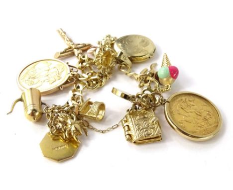 A 9ct gold charm bracelet, with thirteen various charms, to include a 9ct gold teapot, a 9ct gold St Christopher medallion, a