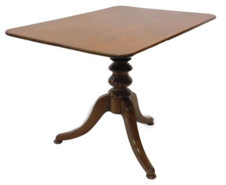 An 19thC mahogany breakfast table, the rectangular tilt top on a turned column and tripod base with bun feet, 109cm x 74cm.