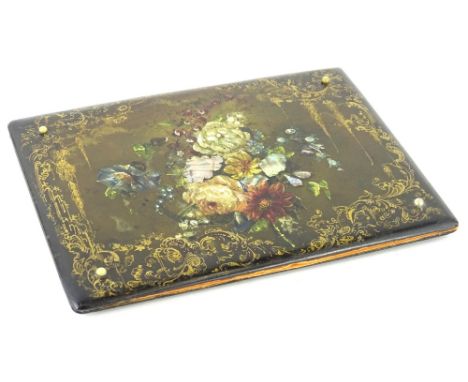 A Victorian paper mache blotter, the cover painted with flowers, and embellished with mother of pearl, etc., on a gilt and bl