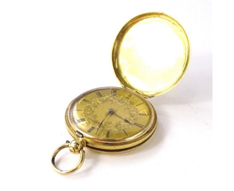 A Hunter pocket watch, with engine turned front and back, a floral scroll dial, with Roman numerals, and blue hands, the glas