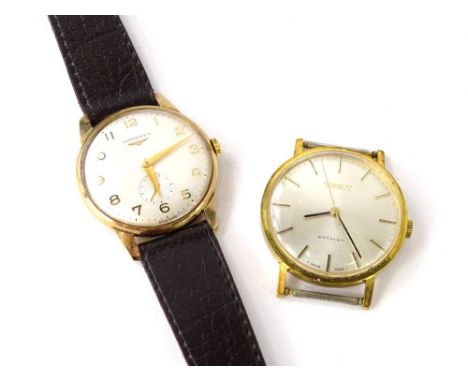 Two watches, to include a Longines gents wristwatch, with silvered dial and seconds dial, bearing inscription to back Hawker 