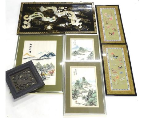 A collection of oriental pictures, to include a carved mother of pearl example, on a black and gilt simulated lacquer ground,