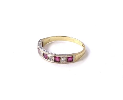 A 9ct gold ruby and diamond half hoop eternity ring, set with five square cut ruby's and four illusion set tiny diamonds, in 