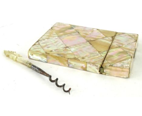 A 19thC mother of pearl card case, and a mother of pearl and steel small corkscrew.