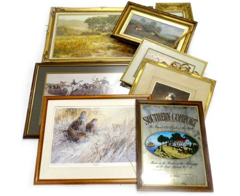 A collection of pictures and prints, to include a print signed Dipnall, another after Cecil Alden, a oil on canvas of cottage