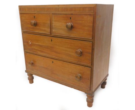 A 19thC mahogany and ebony strung chest of drawers, with a caddy top, two short and two long drawers, each with turnwood hand