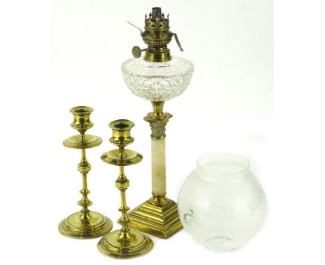 Four items of brass, an oil lamps with cut glass reservoir and marble and brass Corinthian column base, associated frosted sh